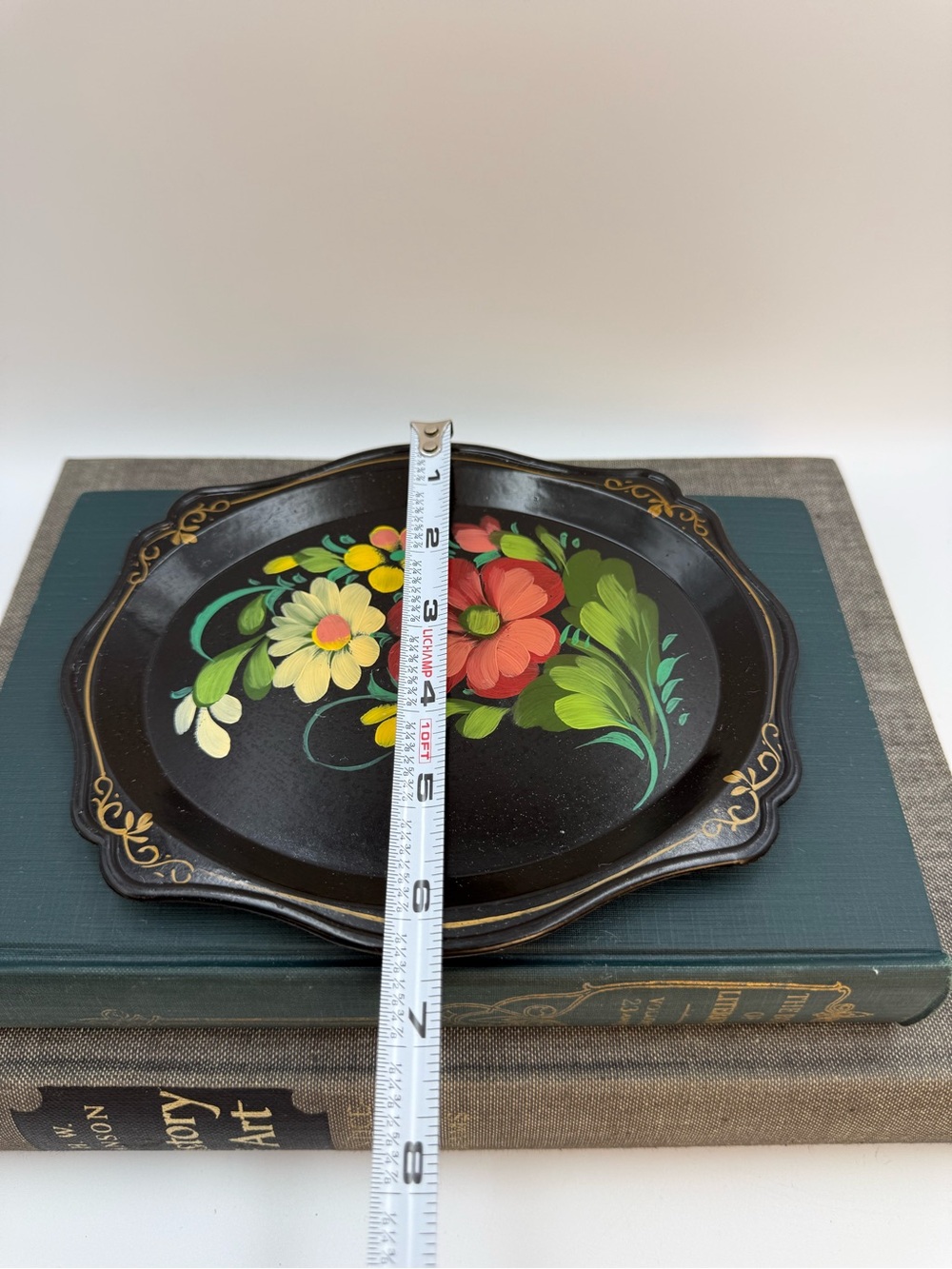Vintage Russian Hand Painted Floral Flowers Toleware Black Serving Tray 7x6 - Picture 9 of 11
